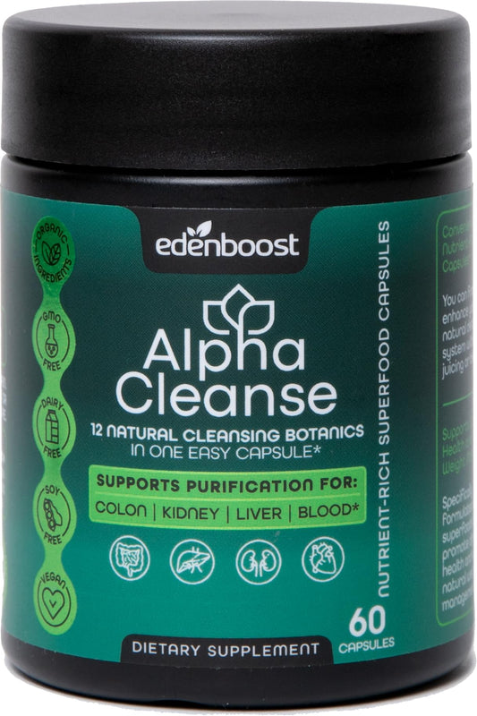 EdenBoost AlphaCleanse bottle and capsules on white background for daily detox support.