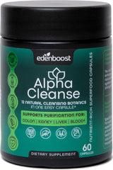 EdenBoost AlphaCleanse bottle and capsules on white background for daily detox support.