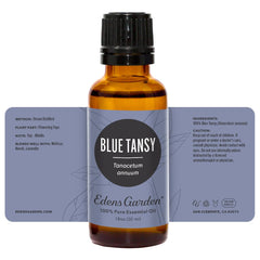 Edens Garden Blue Tansy essential oil bottle shown with dropper cap.