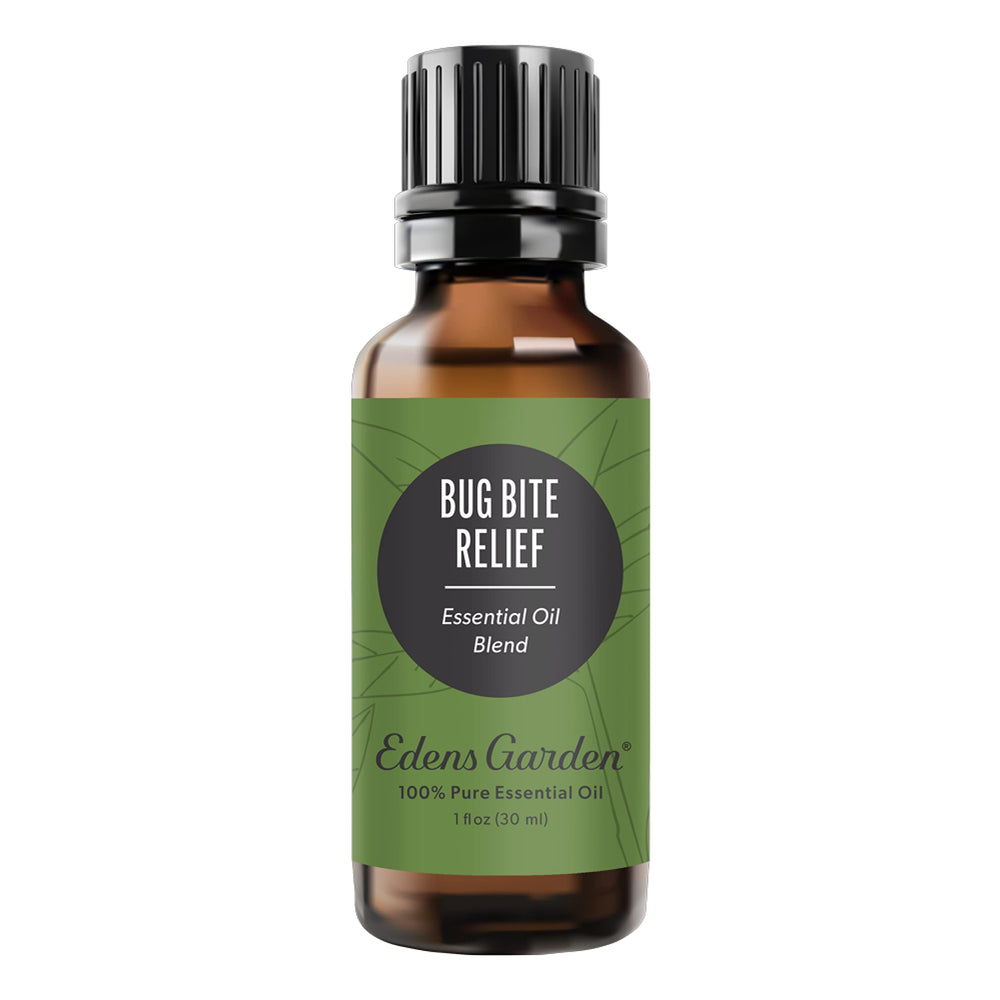 Edens Garden Bug Bite Relief bottle close-up highlighting premium essential oil blend for skin comfort