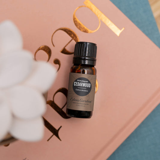 Edens Garden Cedarwood Himalayan oil label close-up showing purity