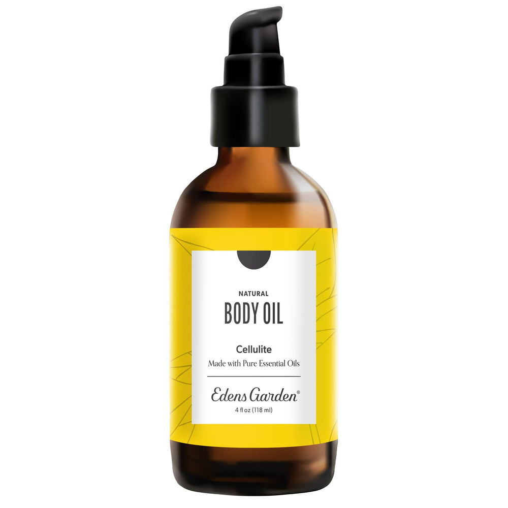 Edens Garden cellulite oil bottle showing pure essential oil blend for moisturized skin