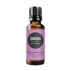 Edens Garden Damiana essential oil bottle open for aroma exploration and mood uplift