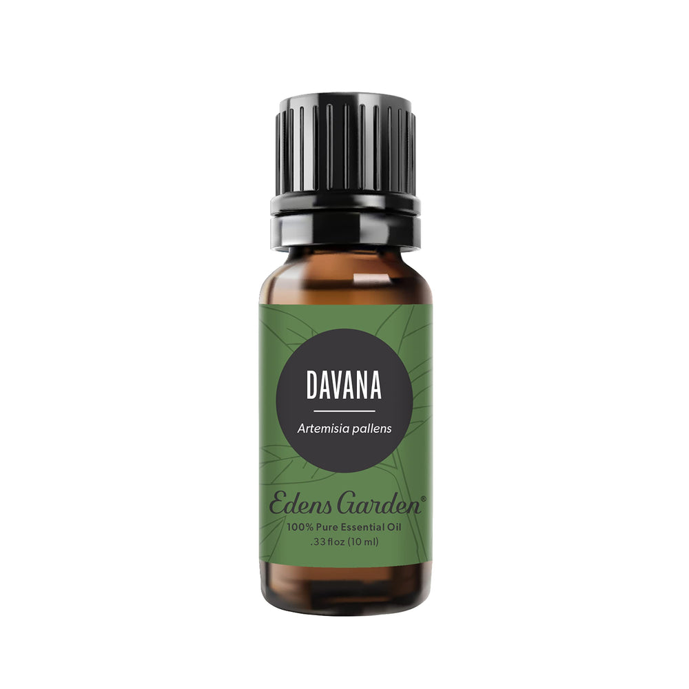 Edens Garden Davana essential oil bottle shows purity and compact design.