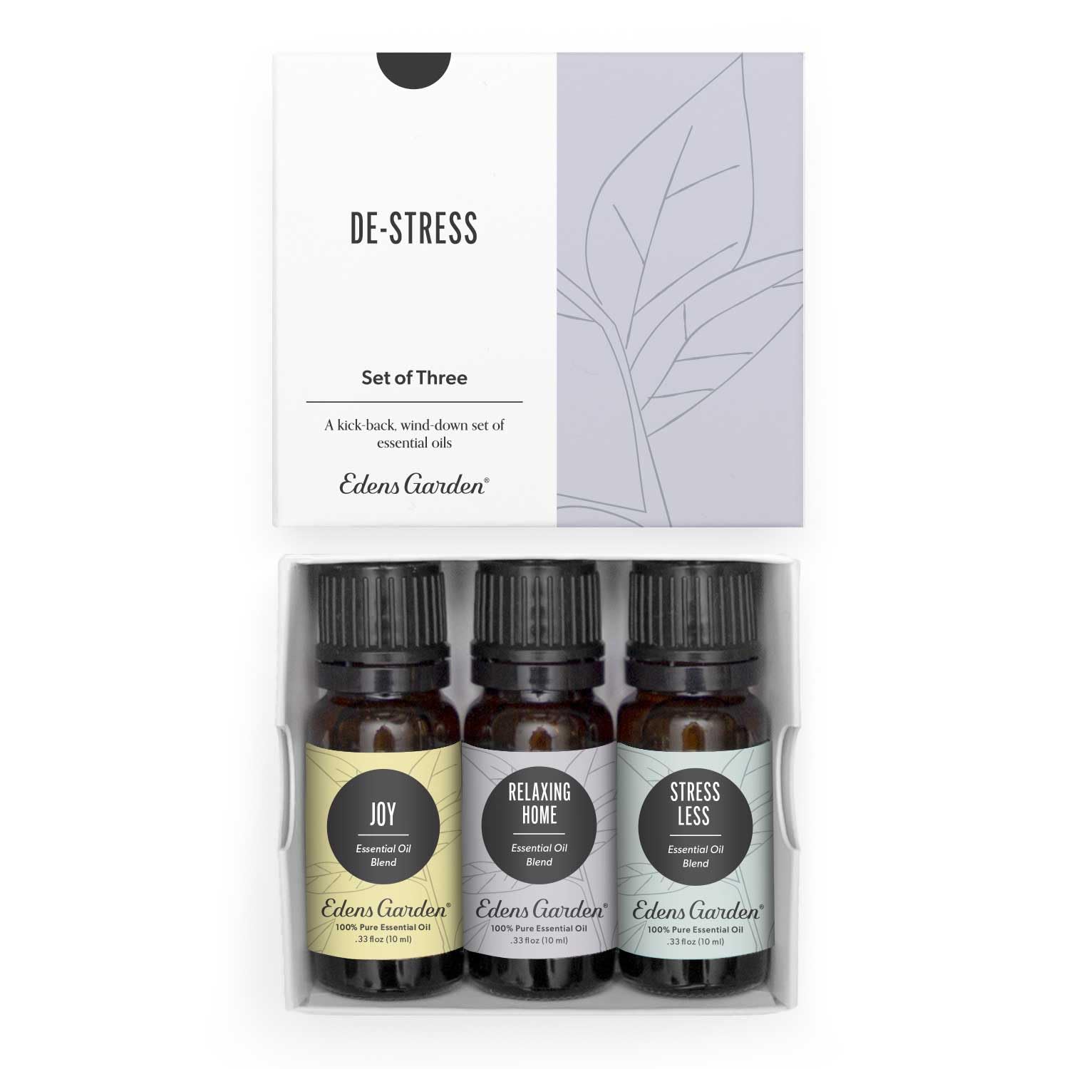 Edens Garden De-Stress set packaging shown for easy diffusion at home.