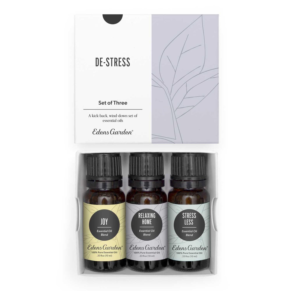 Edens Garden De-Stress set packaging shown for easy diffusion at home.