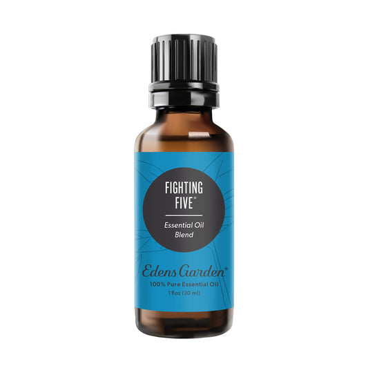 Edens Garden Fighting Five bottle shows citrus-spice aroma for mood uplift.