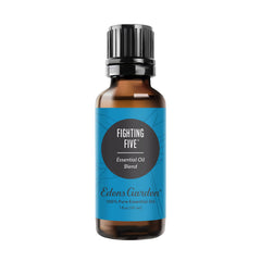 Edens Garden Fighting Five bottle shows citrus-spice aroma for mood uplift.