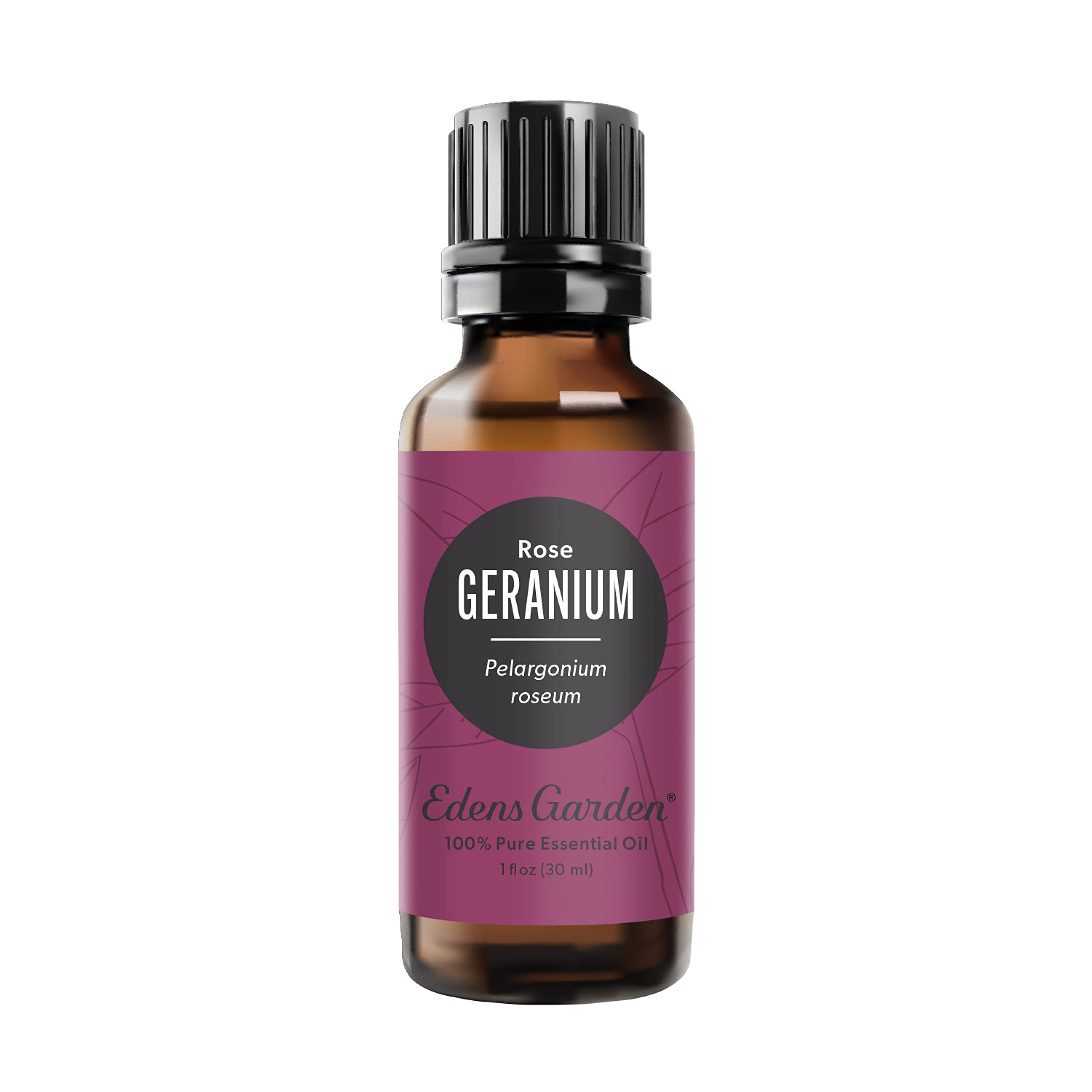 Edens Garden Geranium-Rose essential oil bottle close-up for diffusion and mood balance.