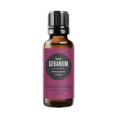Edens Garden Geranium-Rose essential oil bottle close-up for diffusion and mood balance.
