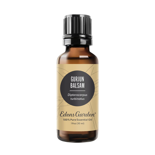 Edens Garden Gurjun Balsam bottle shows premium purity for diffusion and skin care.