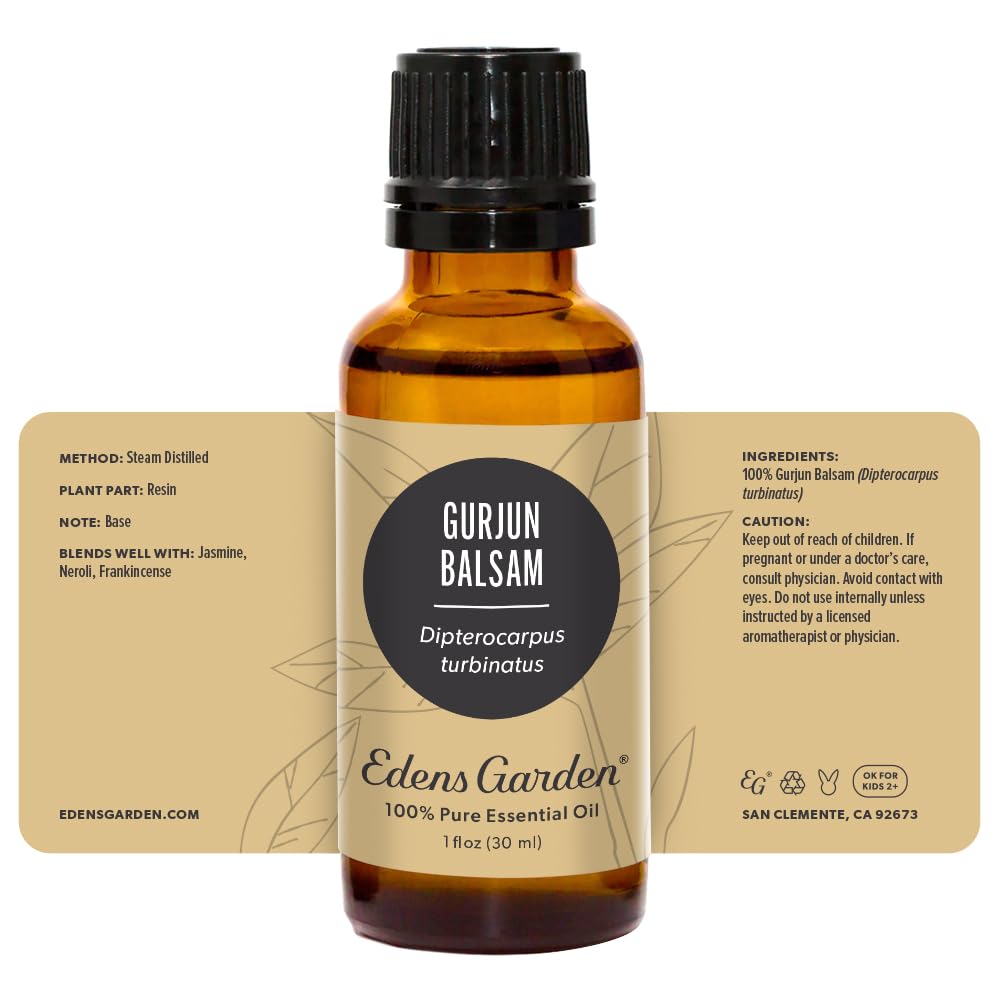 Edens Garden Gurjun Balsam bottle signals affordable luxury and trusted aromatherapy support.