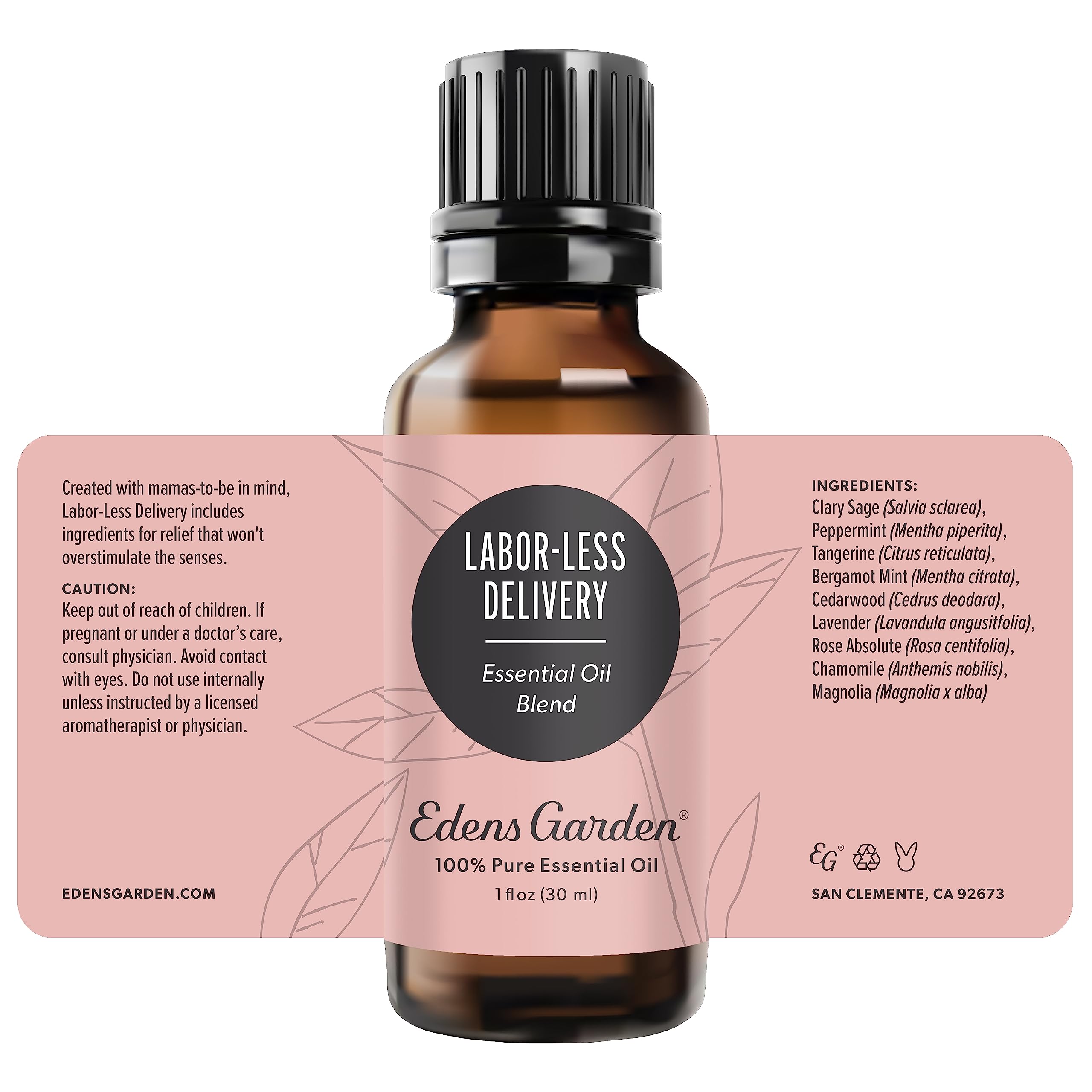 Peppermint-tangerine hint in Edens Garden Labor-Less Delivery blend for refreshing balance.