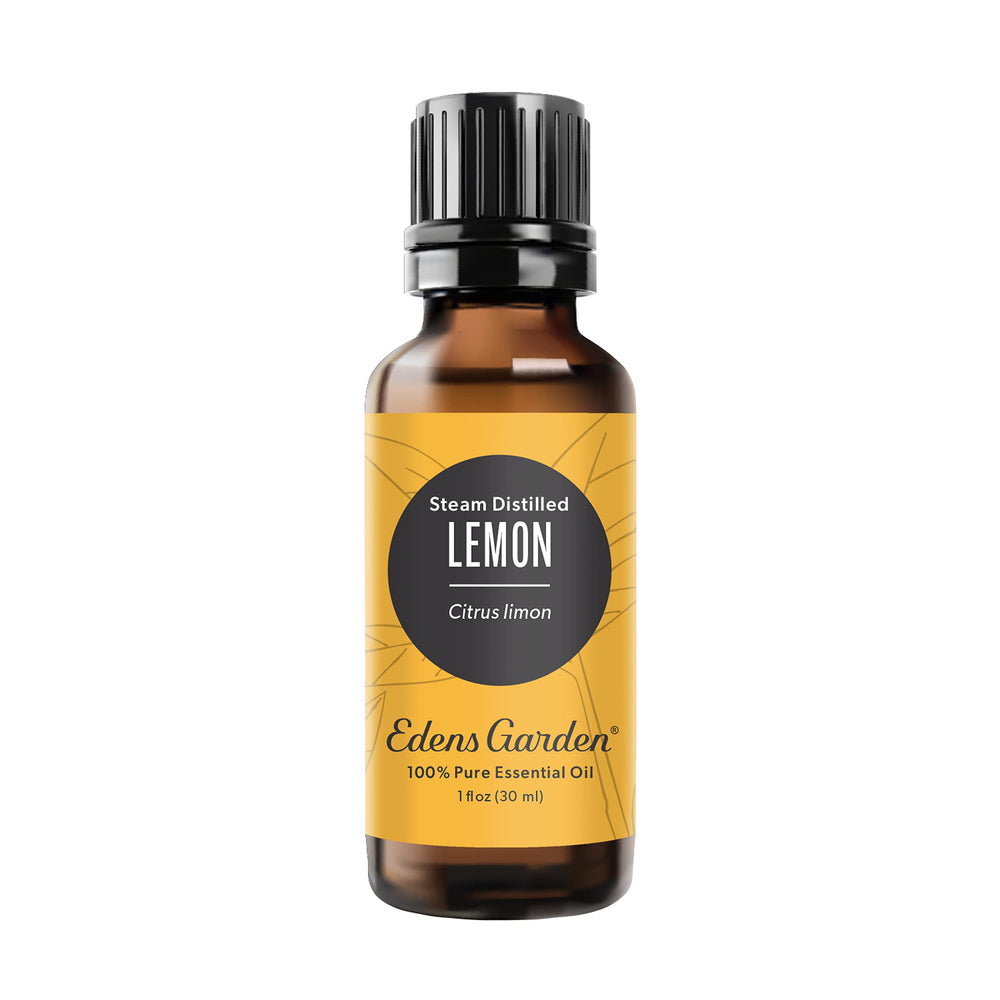 Edens Garden lemon essential oil bottle front view, ideal for diffusion and skincare