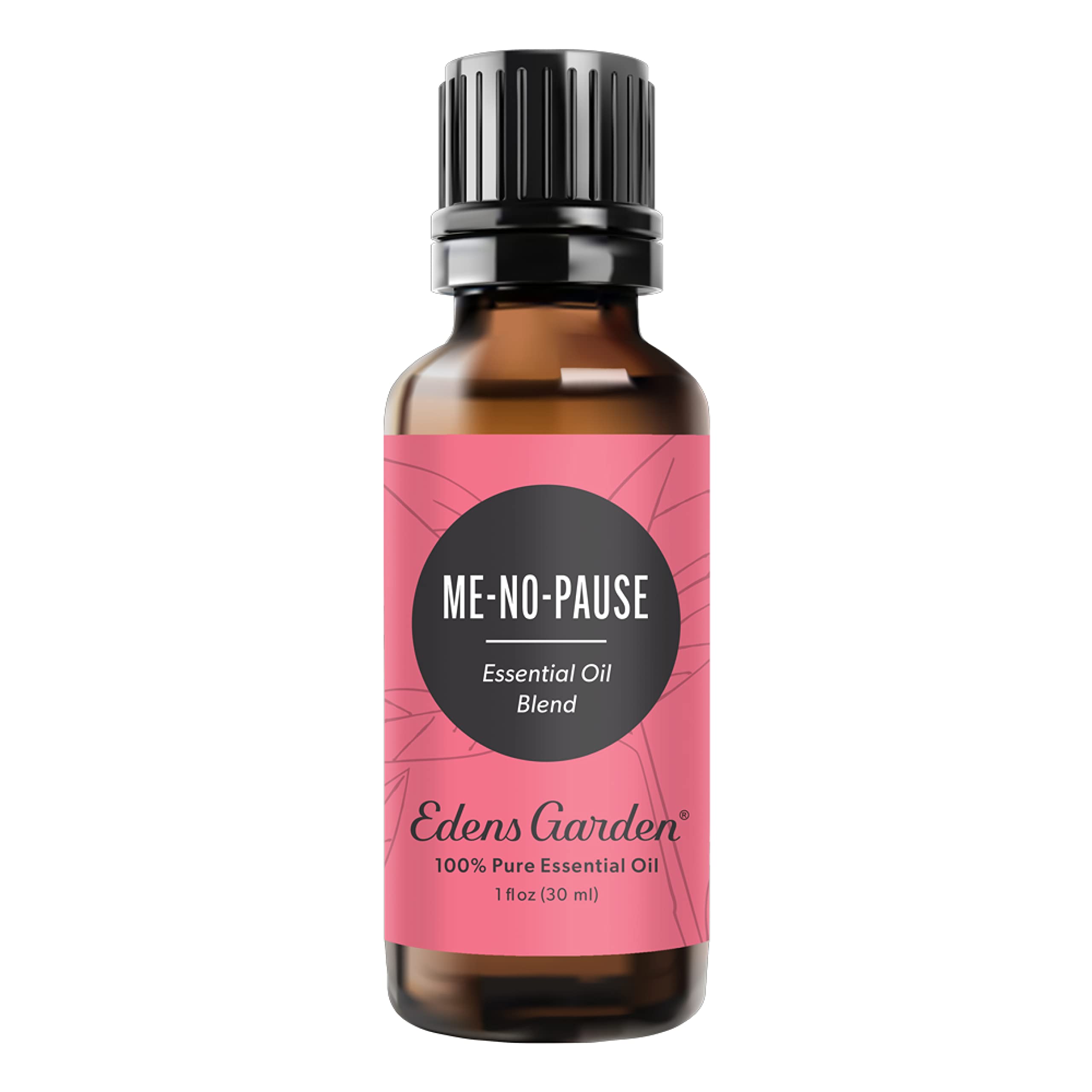 Edens Garden Me-No-Pause bottle cap close-up highlighting calming floral notes.