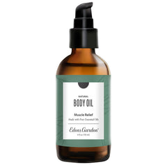 Edens Garden Muscle Relief Bath Oil label highlights peppermint and wintergreen aroma