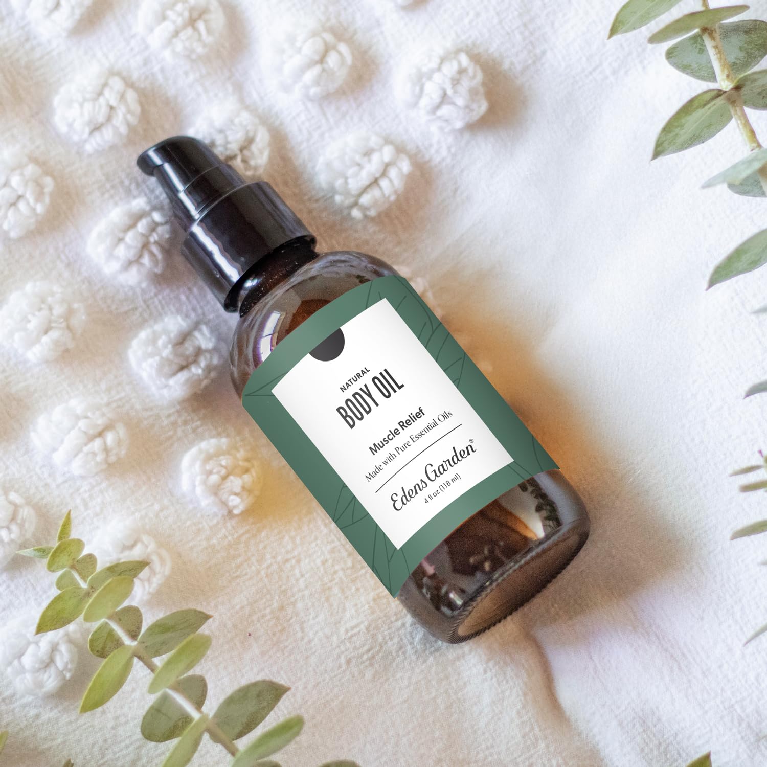 Edens Garden Muscle Relief bottle front shows vegan, cruelty-free formula