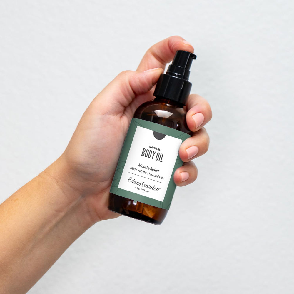 Edens Garden Muscle Relief bottle pour demonstrates easy post-workout application