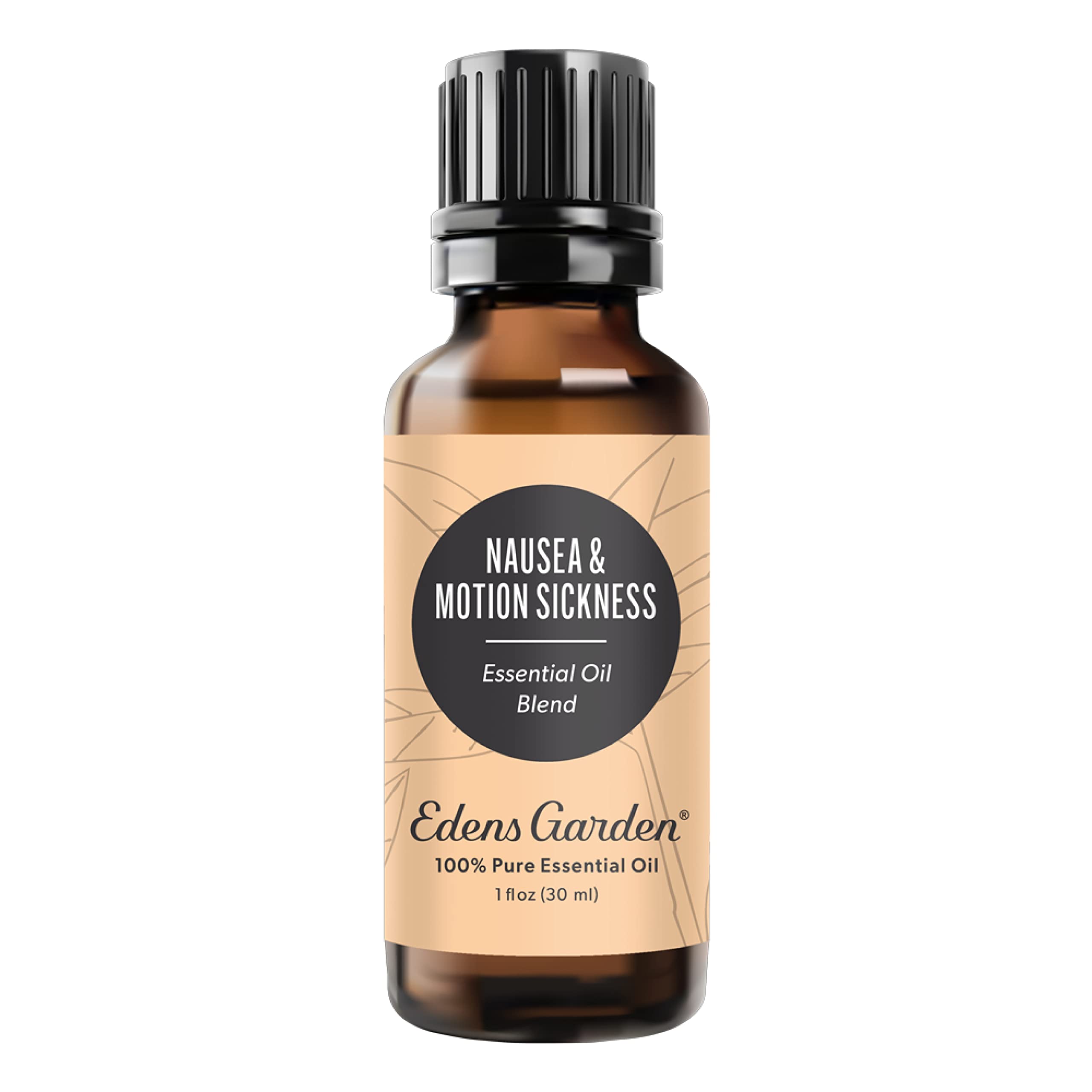 Edens Garden Nausea & Motion Sickness bottle shows a ready-to-diffuse blend for on-the-go calm