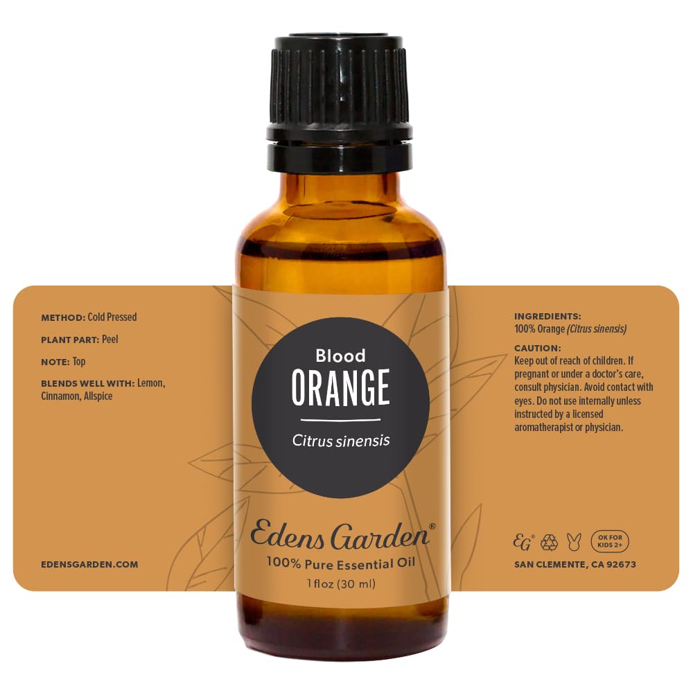 Edens Garden Orange-Blood essential oil label view showing GC-MS transparency.