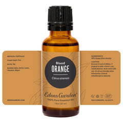 Edens Garden Orange-Blood essential oil label view showing GC-MS transparency.