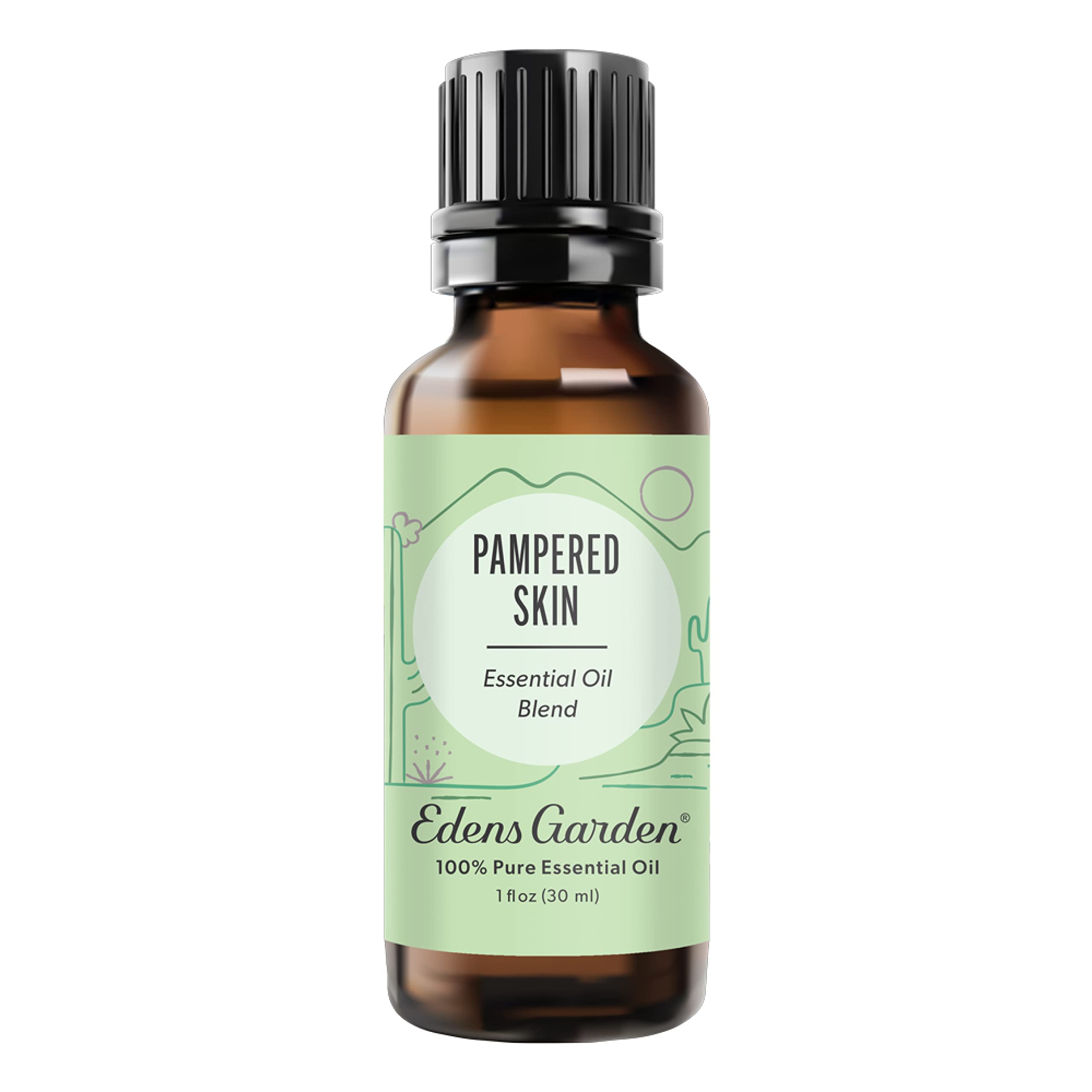Edens Garden Pampered Skin bottle closeup for calming skincare routines.