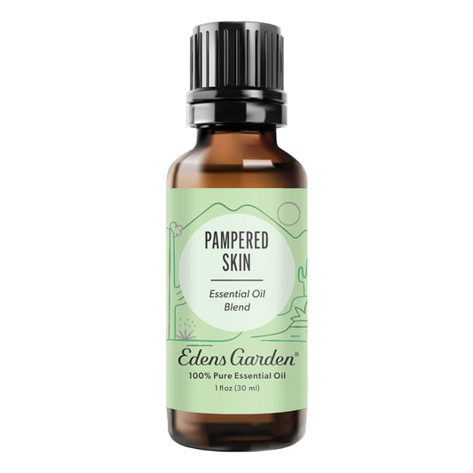 Edens Garden Pampered Skin bottle closeup for calming skincare routines.