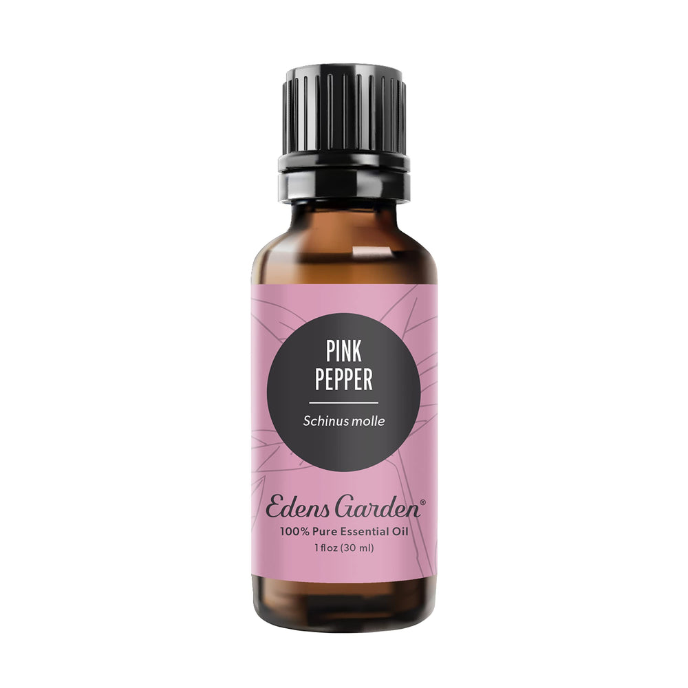 Edens Garden pink pepper oil bottle ready for diffusion and topical relaxation use.