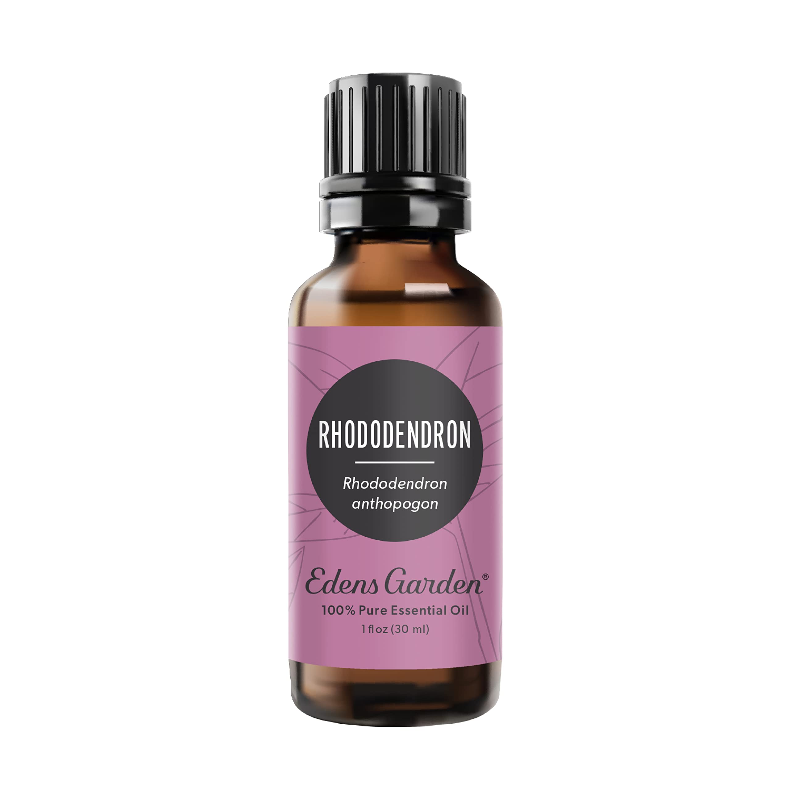 Edens Garden Rhododendron oil bottle closeup for a tranquil mood.