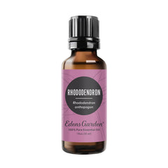 Edens Garden Rhododendron oil bottle closeup for a tranquil mood.