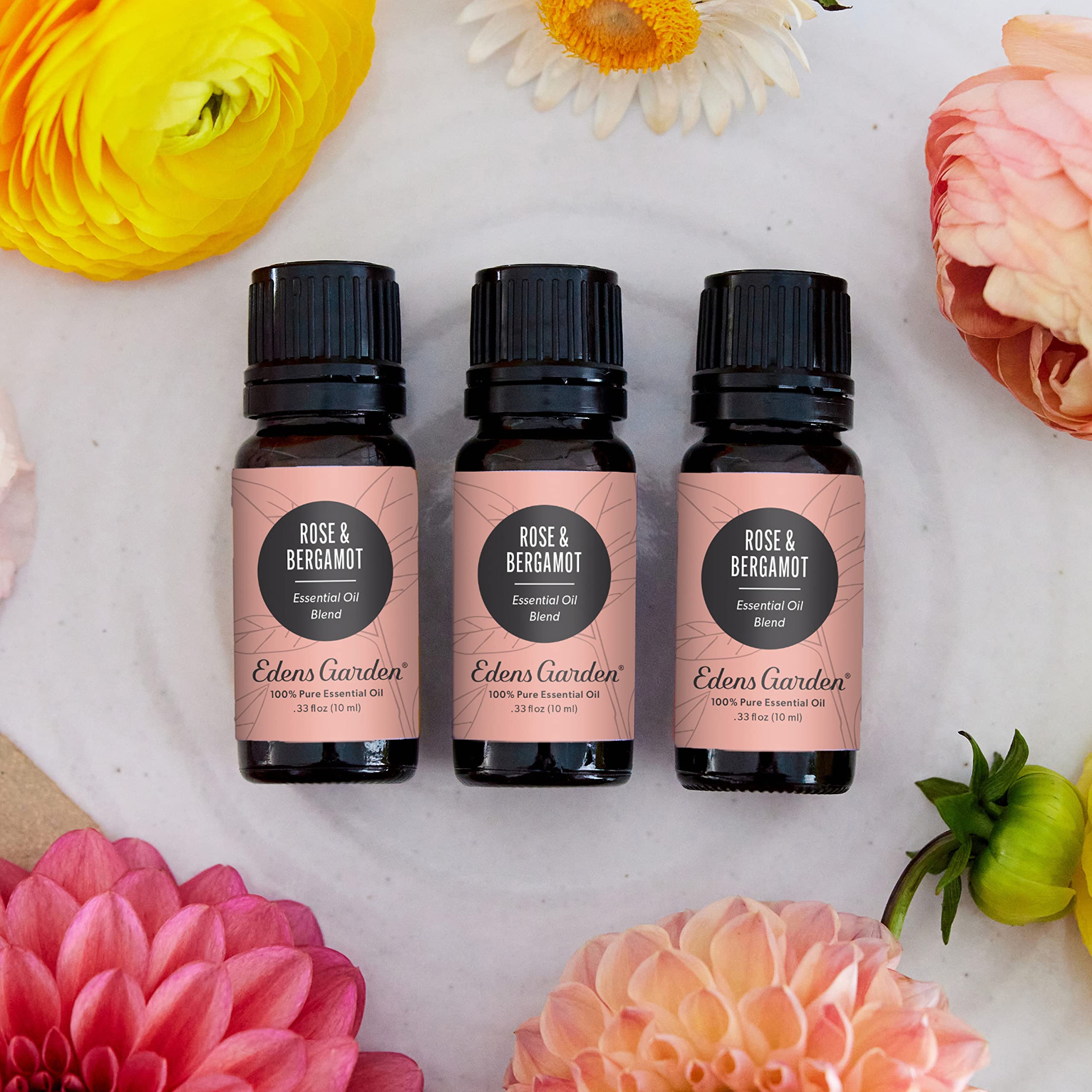 Edens Garden Rose Bergamot diffuser blend brightens rooms with a floral-citrus scent.