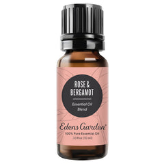Edens Garden Rose Bergamot oil bottle for diffuse aromatherapy and mood uplifting moments.