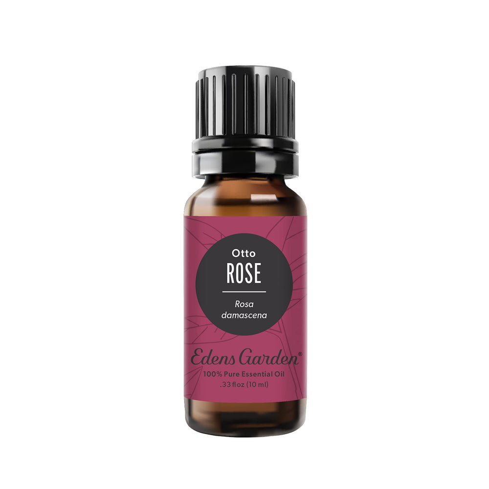 Edens Garden Rose Otto essential oil bottle close-up highlighting pure floral aroma