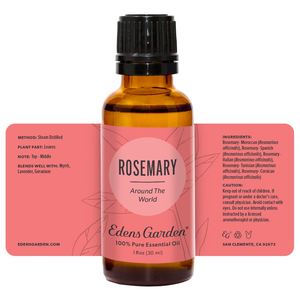 Golden-amber Edens Garden Rosemary Around The World essential oil in glass vial.