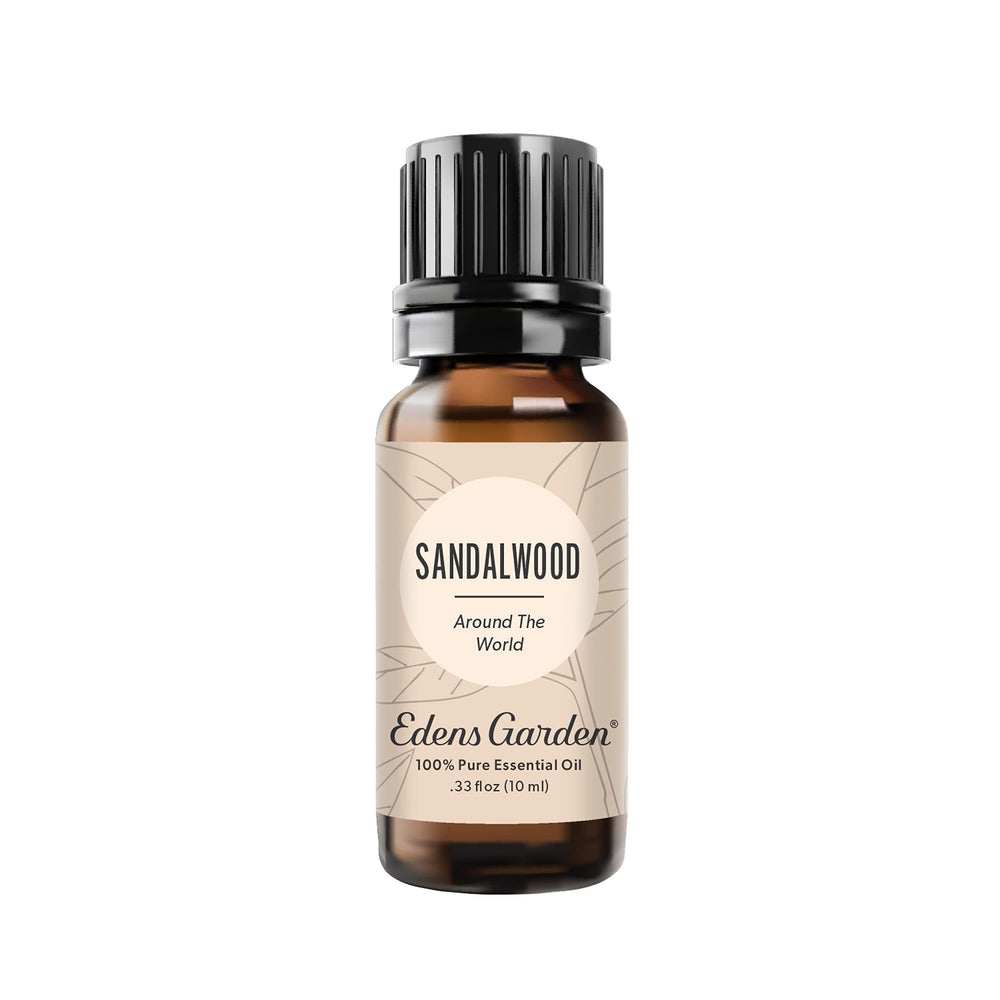 Edens Garden Sandalwood Around The World bottle promotes calming ambiance.