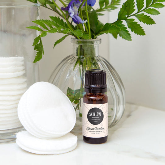 Edens Garden Skin Love label close up showing premium essential oil blend.
