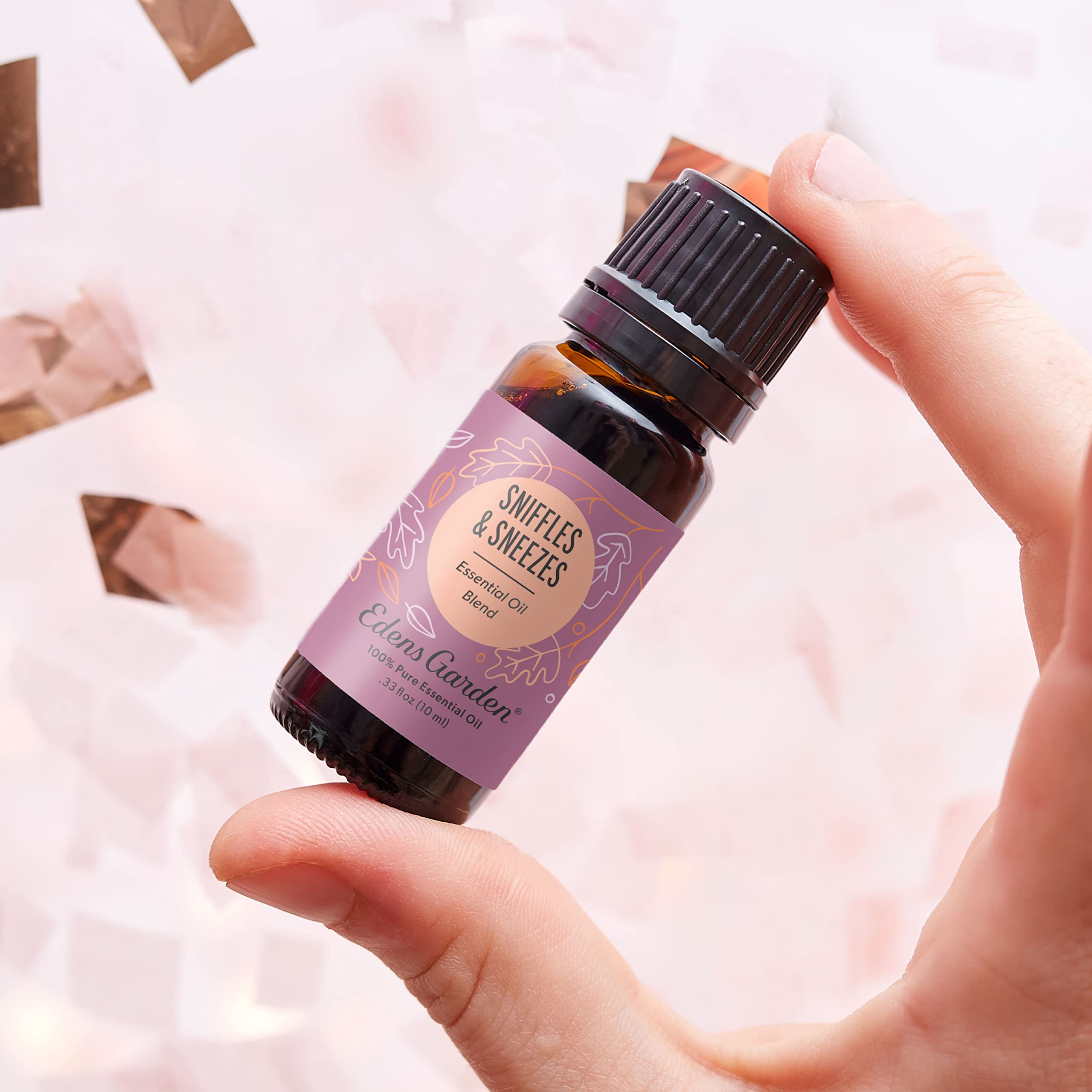 Edens Garden Sniffles & Sneezes label-front highlights premium pure essential oil blend.