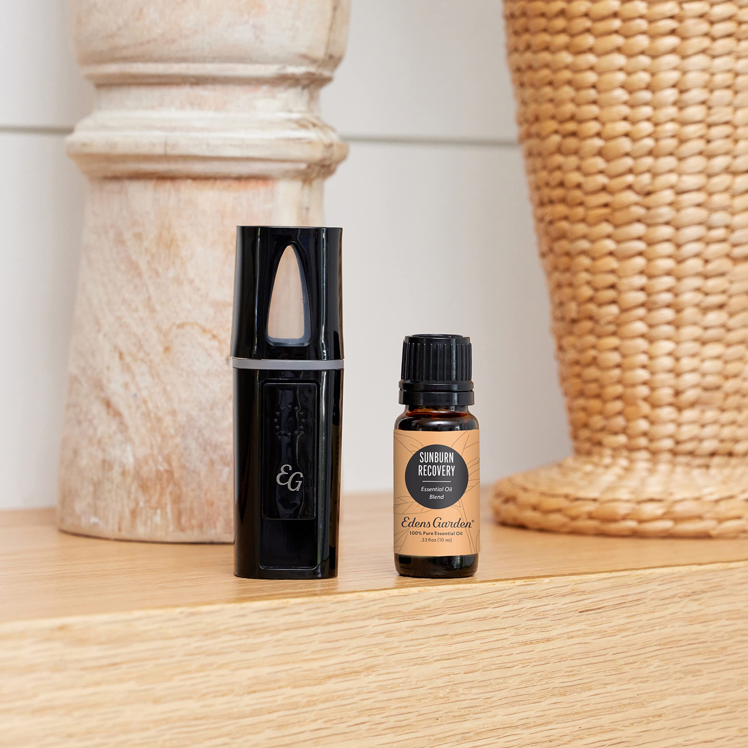 Edens Garden Sunburn Recovery label closeup—premium essential oils for a soothing aromatherapy moment.