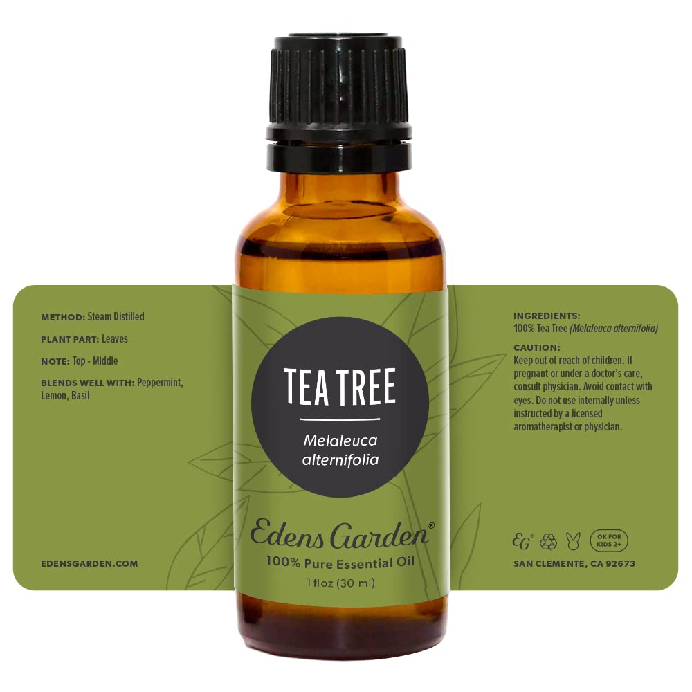 Edens Garden Tea Tree essential oil bottle in cabinet.
