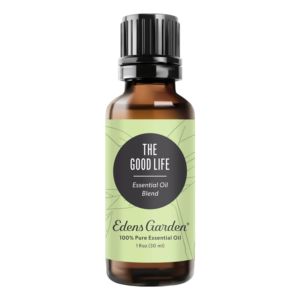 Edens Garden The Good Life bottle closeup shows pure essential oil quality for diffusers and skincare.