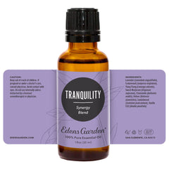 Edens Garden Tranquility lavender field illustration suggests peaceful aromatherapy moments.