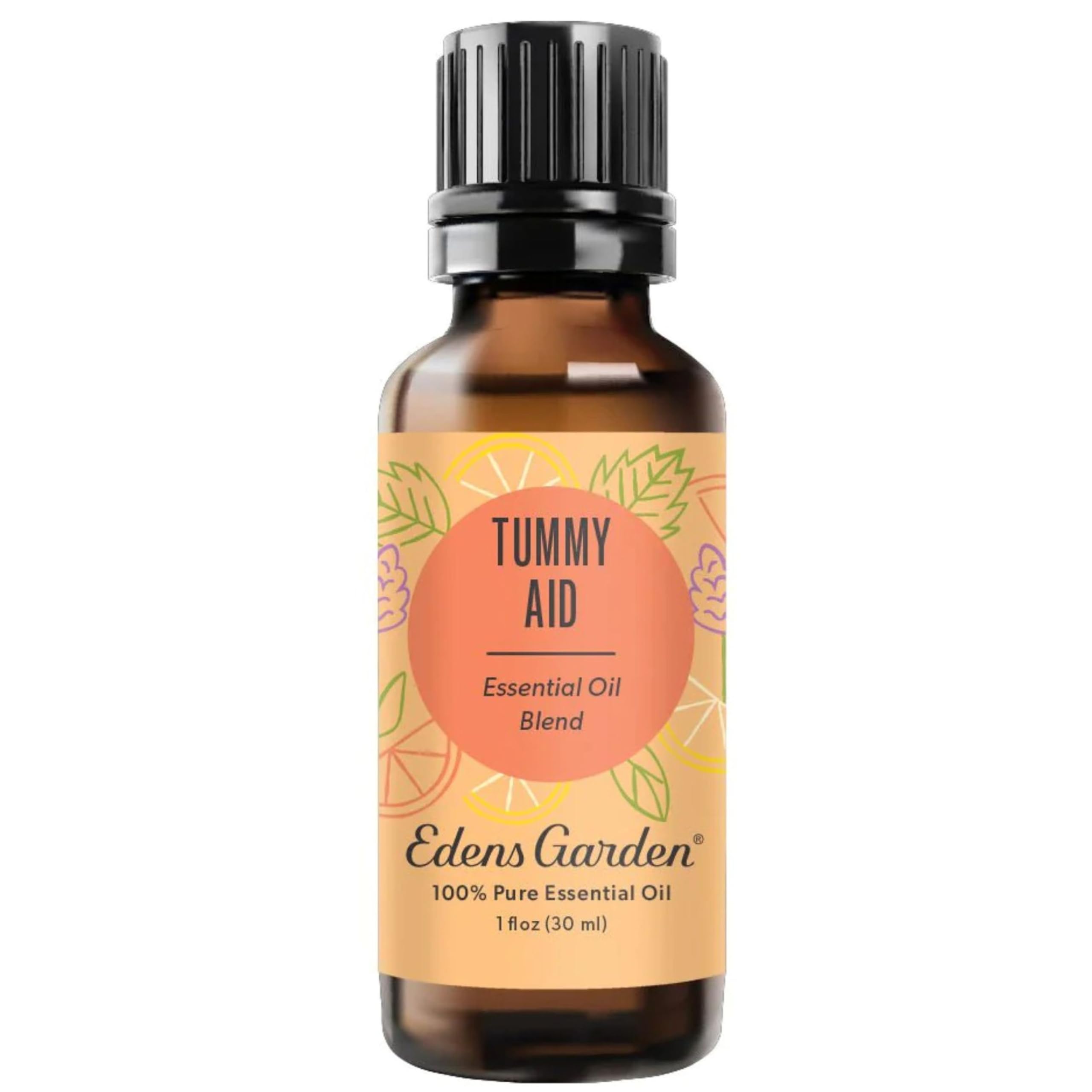 Edens Garden Tummy Aid bottle front shows label emphasizing purity for gentle aromatherapy.