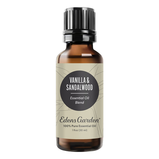 Edens Garden Vanilla Sandalwood bottle close-up, premium aroma for calming spaces.