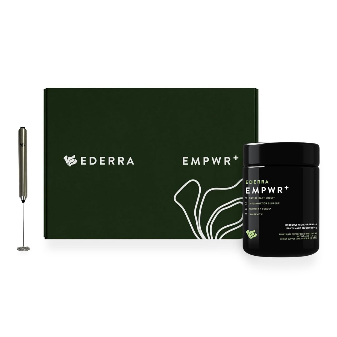 EDERRA EMPWR+ bottle pour with broccoli microgreens for daily longevity support