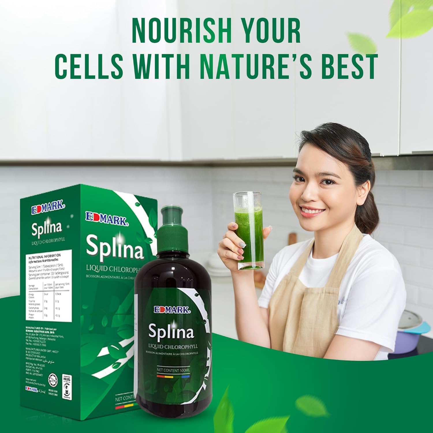 EDMARK chlorophyll green drink highlighting internal freshness and focus