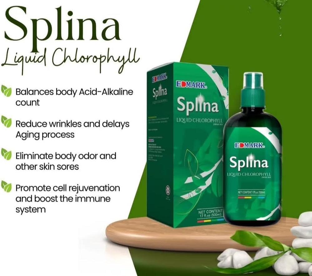 EDMARK Splina ingredients graphic featuring white mulberry leaves and botanical goodness.