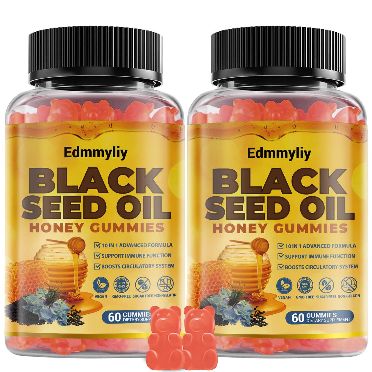 Edmmyliy gummies bottle pouring for easy daily immune support.