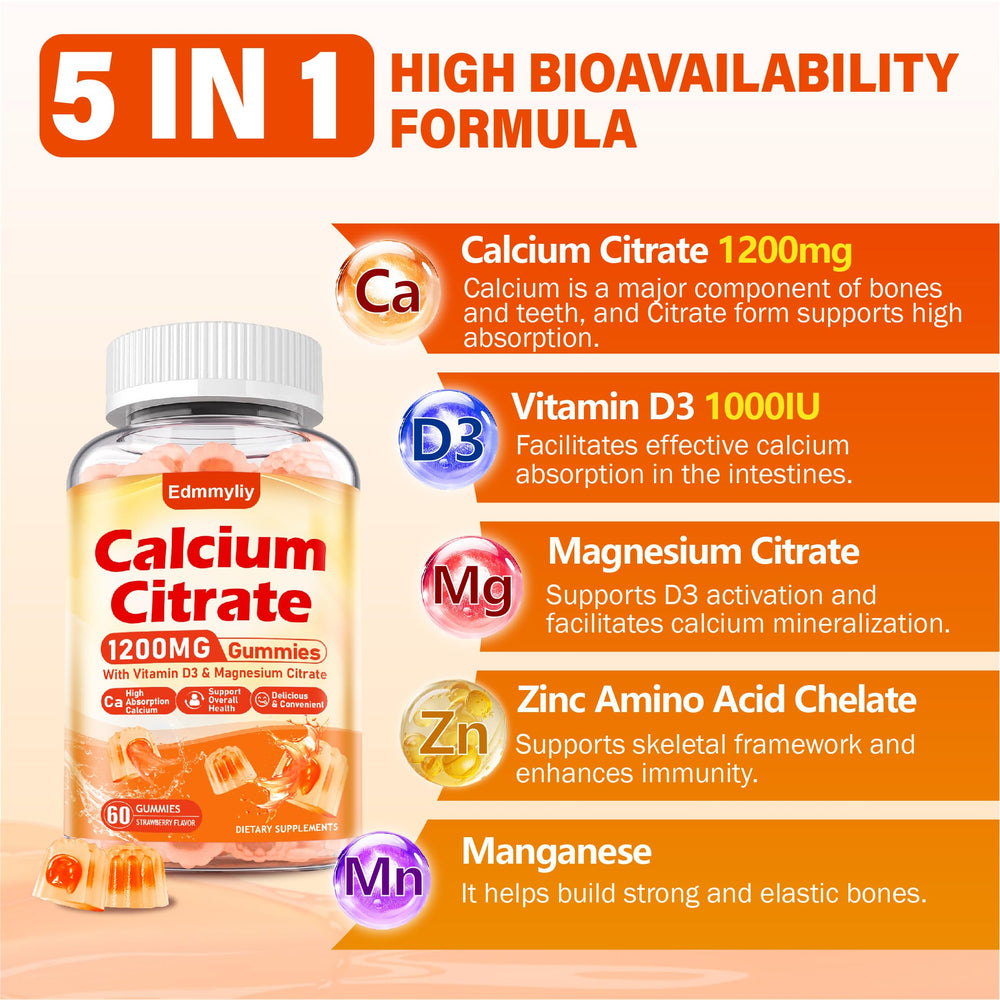 Edmmyliy Calcium Citrate Gummies bottle on table highlights convenient adult supplementation.