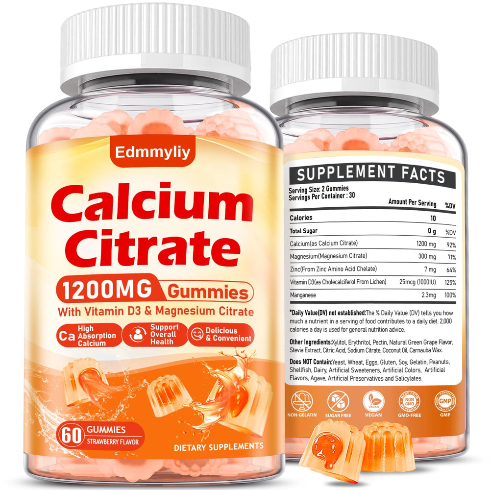 Edmmyliy Calcium Citrate Gummies jar closeup for a sugar-free daily calcium boost.