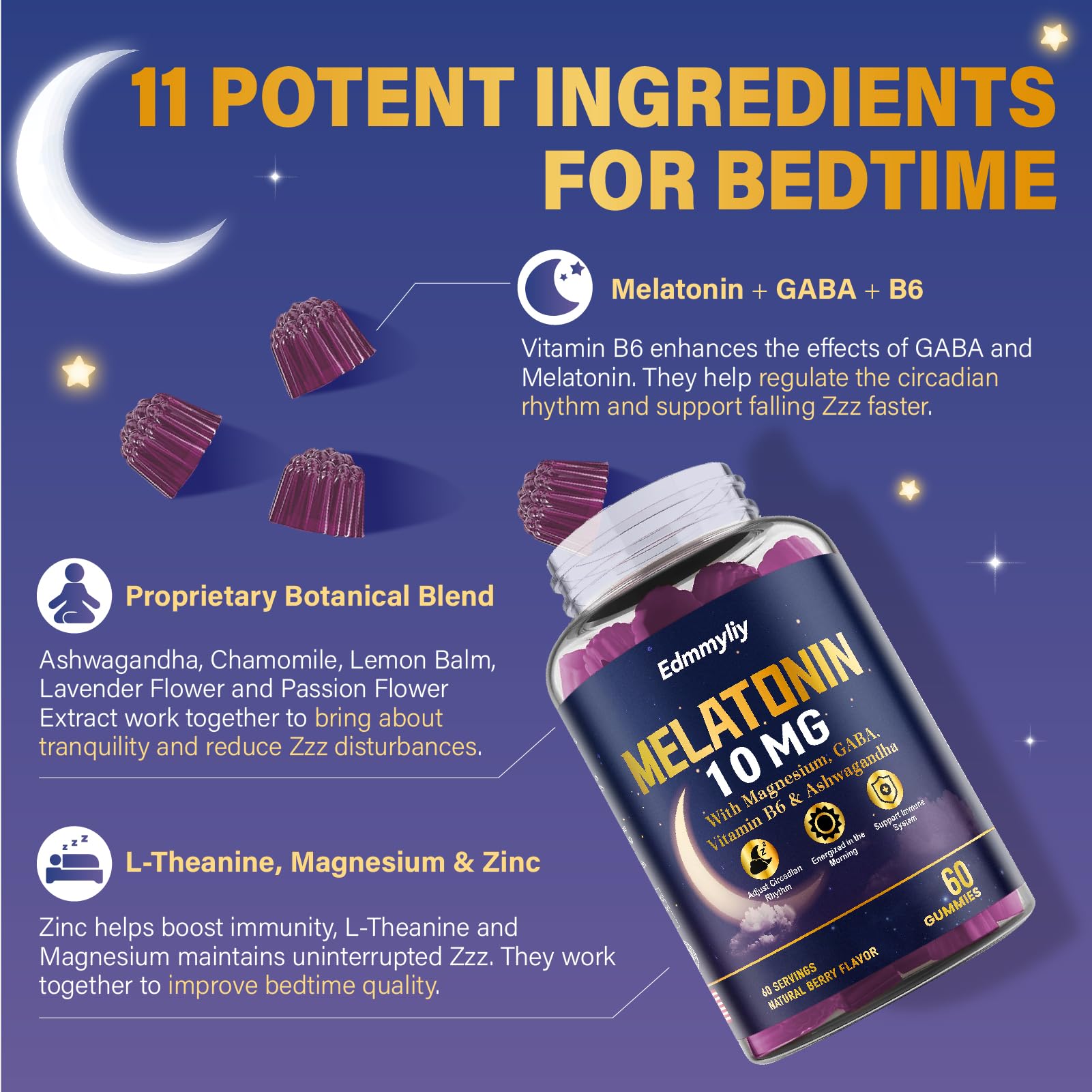 Edmmyliy melatonin ingredients scatter highlights natural blend.